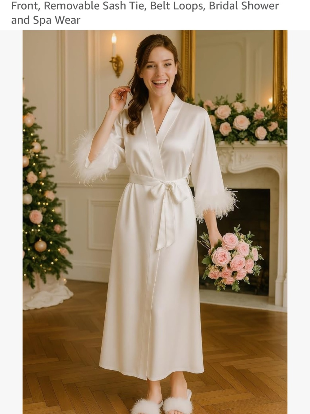 Feather-Trim Bridal Satin Robe in White with Removable Sash